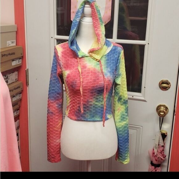 Tie Dye Rainbow Crop Top Hoodie Sizes S 2-4 M 6-8 L 10-12 - Picture 5 of 9